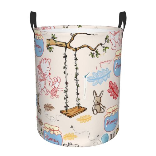Classic Winnie The Pooh Nursery Storage Basket, Large Barrel Shaped Laundry Hamper With Waterproof PE Coating, Foldable, Bathroom and Bedroom Set, Clothes,Toys Bin-Small