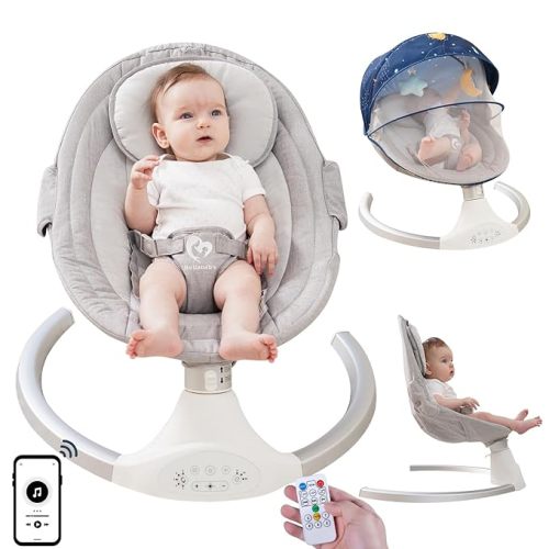 Bellababy Bluetooth Baby Swing for Infants, Compact & Portable Baby Bouncer, 3 Seat Positions, 5 Speed, 10 Lullabies, Remote Control, USB Plug-in Power, Indoor/Outdoor Baby Rocker, Boy/Girl Grey