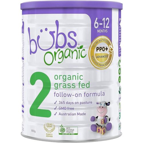 Bubs Organic Grass Fed Follow-On Formula Stage 2, Infants 6-12 months, Made with Non-GMO Organic Milk, 800 grams