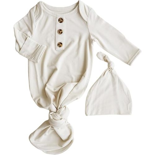 Caden Lane Newborn Knotted Gown with Hat, Soft Bamboo Viscose Baby Sleep Sack, Unisex Infant Nightgown, Breathable Sleepwear