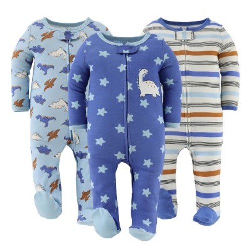 The Peanutshell 3pk Cotton Sleeper Set for Baby Boy, Cobalt Dino, 3 Months