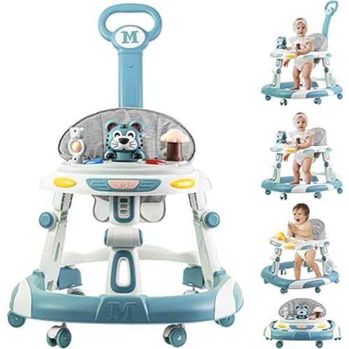 Baby Walker, 4-in-1 Foldable Baby Walkers and Baby Activity Center with Toys Tray,3-Gear Height Adjustable Infant Toddler Baby Walker with Wheels for Baby Boys and Girls 6-24 Months(Blue)