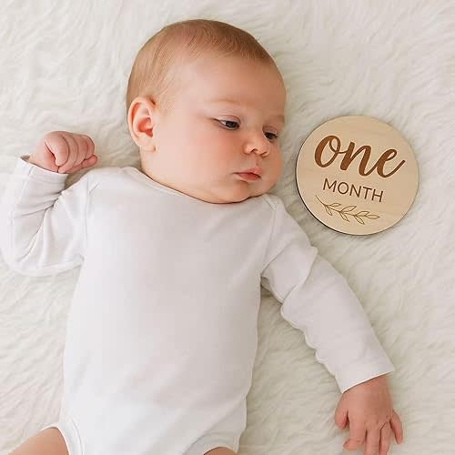 Baby Monthly Milestone Cards – 14 Double-Sided Wooden Age Discs for Newborn Photography – Neutral Round Milestone Markers Keepsake – English Baby Photo Props for Boys & Girls – 4” Circle