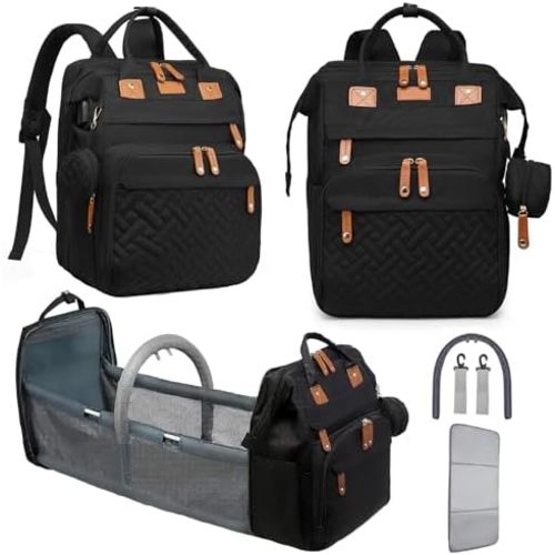 Diaper Bag Backpack, Baby Bag, Diaper Bag with Changing Station, Diaper Changing Station, Portable Diaper Changing Pad, Large Capacity with USB Charging, Baby Shower Gifts (Black)