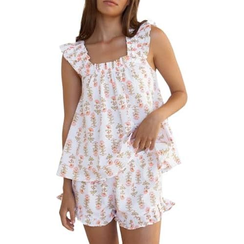Aopwsrlyi Women's Floral Pajama Set 2 Piece Loungewear Cute Ruffle Trim Cami Tank Top and Shorts Set Matching Pjs Set