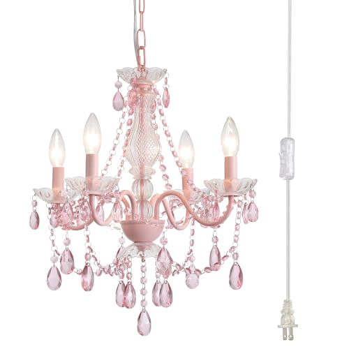 Plug in Crystal Pink Chandelier, (Not acrylic Crystal),Mini 4 Lights for Girls Room,Pink Crystal Hanging Pendant Light with Clear Cord and On/Off, Chandelier for wedding, Kitchen, Dining,Foyer,Island