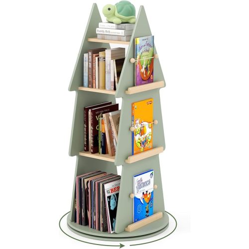 HONEY JOY Kids Rotating Bookshelf, Wooden Spinning Small Corner Organizer w/Baffles, 360°Display Standing Toddler Bookshelf, Montessori Book Shelf for Nursery, Playroom (Grey) (Green, 4-Tier)