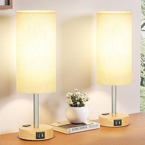 Small Touch Table Lamps Set of 2-3-Way Dimmable, USB A + C Charging, AC Outlet, Wood Grain Base, Bulbs Included