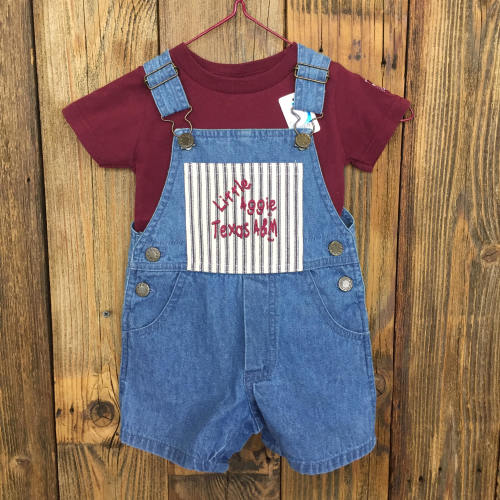 Little/Future Aggie Short Overalls with WHOOP on back.