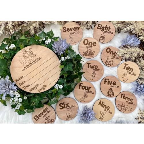 Winnie the Pooh wood birth announcement sign and monthly milestone photo markers