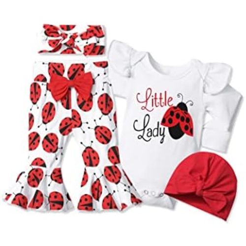 Baby Girl Clothes,4pcs Infant Newborn Girl Outfits Ruffle Romper Baby Bell Bottoms Headband Bandana Clothes Sets Gifts