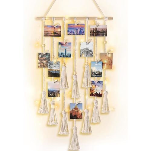 Mkono Hanging Photo Display Boho Macrame Wall Decor with Light, Teen Girl Teenage Gifts, Pictures Cards Frame Holder Art Hanger for Christmas Birthday Party Bedroom Dorm, with 30 Wood Clips, Ivory