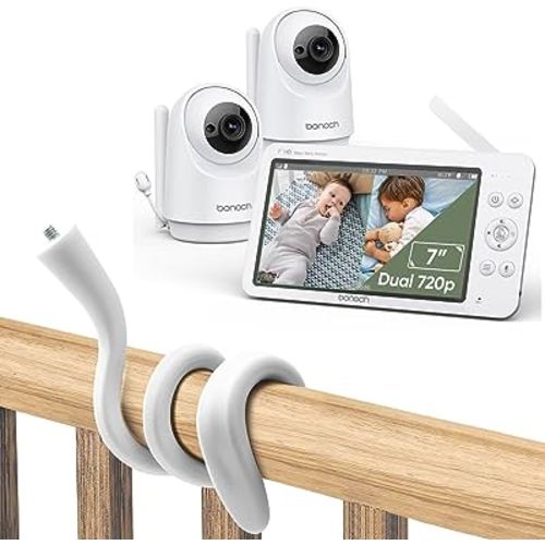 bonoch Baby Monitor Mount + Baby Monitor with 2 Cameras, 7" 720P Video Baby Monitor with Camera and Audio No WiFi, Night Vision, 22h Battery, 1000ft Long Range, 4X Zoom 2-Way Audio Temperature Lullaby
