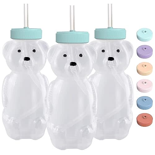 Honey Bear Straw Cups for Babies 3 pack, 8oz honeybear straw cup with improved safety lid design, Straw learning therapy cup. Leak-Proof & Food-Grade & BPA Free (AQUA)