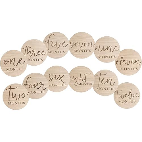 Little Pear Wooden Milestone Photo Cards - Double-Sided Baby Announcement Discs, Ideal Photo Prop for Monthly Pregnancy Journey and Baby Milestones, 1-12 Months, Light Wood