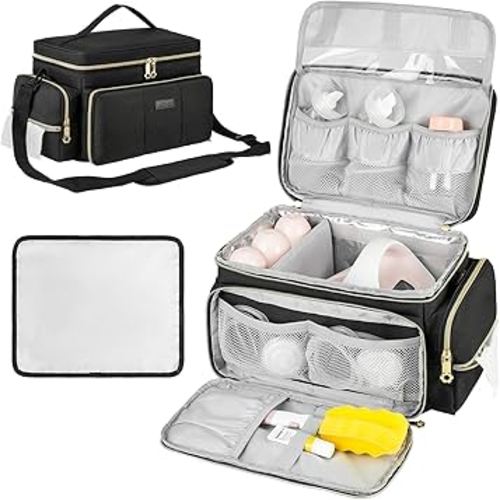 Breast Pump Bag Compatible with Spectra S1 and S2 with Insulated Compartment,Breast Pump Storage Bag with Water Resistant Mat for Pumping Essentials,Black,Bag Only