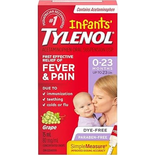 Tylenol Infants' Drops for Fast Fever and Pain Relief, White Grape Flavour, Dye Free, 15 mL Acetaminophen for Teething Pain, Immunization Pain