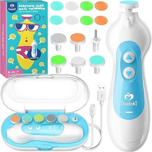 Baby Nail Trimmer Electric Rechargeable Safe 6 in 1, DEELOKI Baby Electric Nail File Clipper Kit with Led Light and 18 Replacement Grinding Heads for Newborn Toddler Baby Toes and Fingernails, Blue