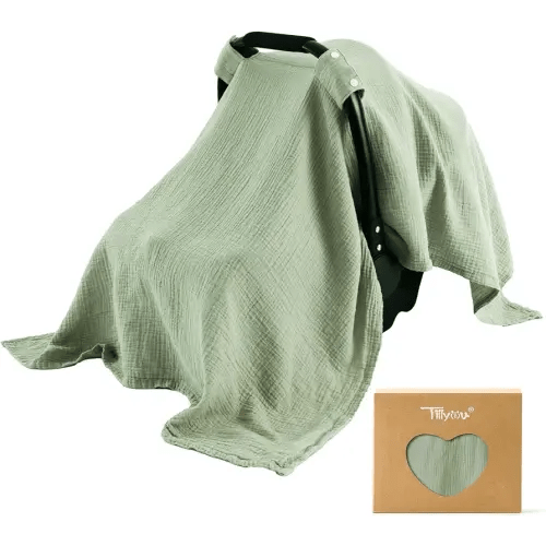 TILLYOU Baby Car Seat Cover, Breathable Muslin Cotton Infant Car Seat Cover, Lightweight Canopy with Sun and Bug Protection(Green)