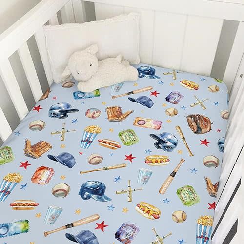 Watercolor Baseball Baby Crib Sheets 52''x28'' Patriotic American Sports Stretchy Fitted Mattress Cover for Boy Girl Outdoor Sports Lovers Soft Baby Sheets for Standard Crib and Toddler Mattress
