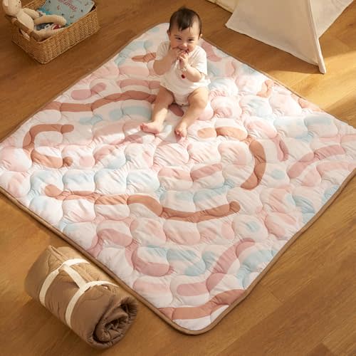 Momcozy Baby Play Mat for Floor, 50x50 Thickened Playpen Mat, Playmate for Baby Tummy Time, Waterproof & Non-Slip, Foldable Outdoor Mat with Carrying Handle, Crayon