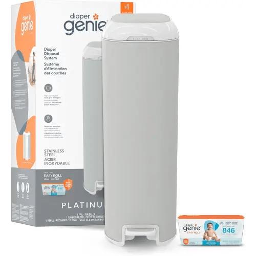 Diaper Genie Platinum Pail (Stone Grey) is Made in Durable Stainless Steel and Includes 1 Easy Roll Refill with 18 Bags That can Last up to 5 Months.