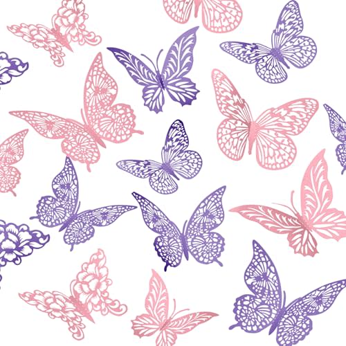 3D Gold Butterfly Wall Decor 3 Sizes 4 Styles Butterfly Party Decorations Cake Decorations Removable Stickers Wall Decor Room Mural Metallic Kids (Purple+Pink, 48Pcs)