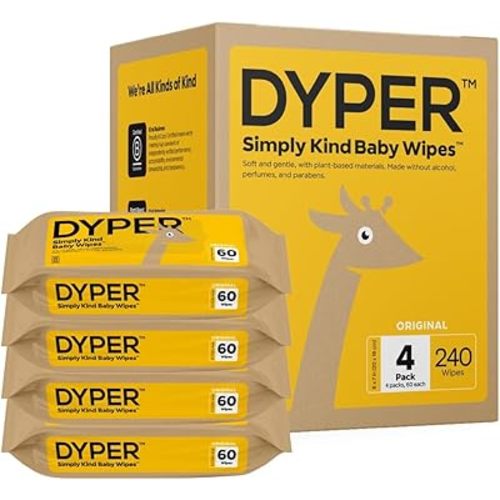 DYPER Baby Wipes | 99% Water Based Wipes | 100% Plant-Based | Hypoallergenic for Sensitive Skin | Honest Ingredients | Fragrance Free | Plastic-Free | Pack of 4 (240 Count)