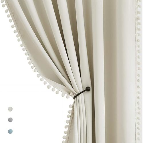 Pom Pom Curtains for Bedroom Windows 90 inch Energy Efficient Thermal Insulated Living Room Darkening Curtain Panels for Kitchen Nursery Room Ivory 52" w x2 Panels Rod Pocket