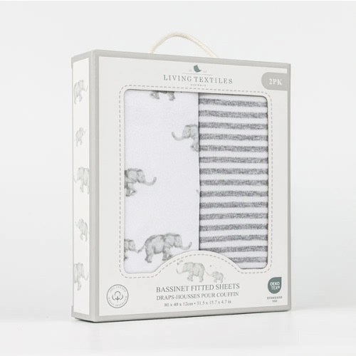 Living Textiles 2 Pack Bassinet Fitted Sheet Grey Elephant | Baby Bunting AU