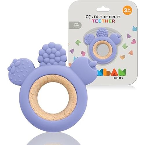 BAMBAM Baby Premium Silicone Teething Ring Toy – Felix The Fruit – 100% BPA Free Silicone, Child Safety Tested, Teether Toys for Baby & Infant 0-6 and 6-12 Months (Grape Royale)
