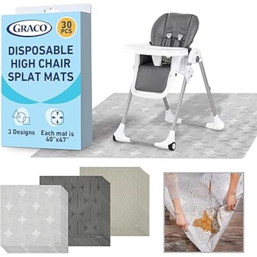 Graco Baby Disposable Splat Mats, 3 Subtle Designs 30 PACK (10 Each) 47" x 40” | Biodegradable & Compostable, Eco-Friendly Floor Protector, Under High Chair for Baby Led Weaning, Home & Restaurant Use