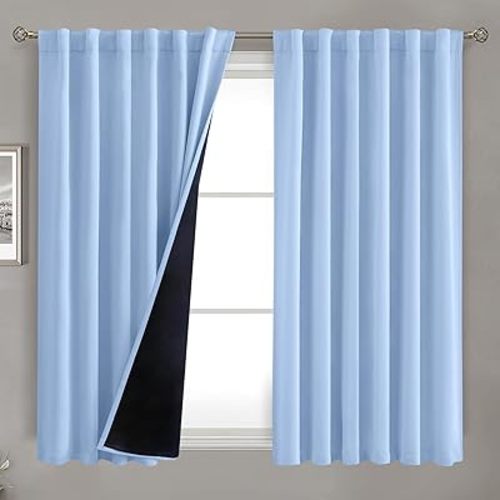 BGment Full Blackout Curtains with Liner Thermal Curtains 54 Inches Long, Rod Pocket and Back Tab Double Layer Room Darkening Window Curtains for Bedroom(52 x 54 Inch, 2 Panels, Light Blue)