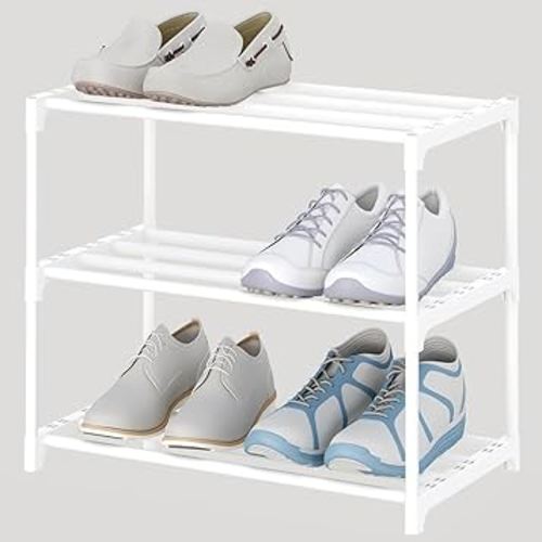 3-Tier Small Shoe Rack, Metal Stackable Kids Shoe Shelf Storage Zapateras Organizer,Narrow Shoe Rack Sturdy for Closet Hallway Entryway Living Room Bedroom (White)