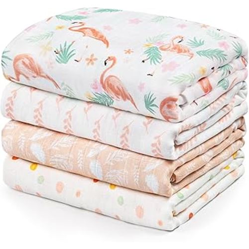 GLLQUEN BABY Muslin Swaddle Blankets 4-Pack Breathable Receiving Blankets (35" x 40") Soft Baby Blankets for Girls and Boys Newborn Essentials Muslin Burp Cloths Swaddle Wrap Baby Gift(Flamingo)