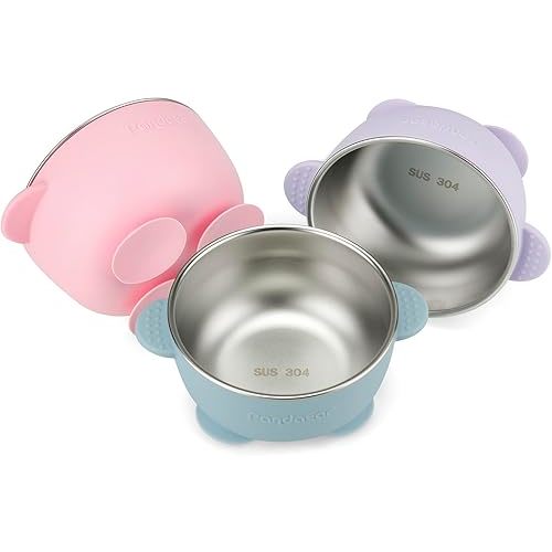 PandaEar 3 Pack Baby Stainless Steel Bowls with Suction, Non-Slip Child Food Bowl with Silicone Sleeve for Kids Toddlers Infants, Extra Strong Base, BPA free