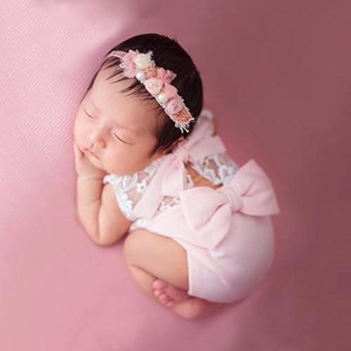 Ylsteed Newborn Photography Outfits Girl Lace Romper Newborn Baby Photo Shoot Outfits Girls Photo Props (Lace Flower-Pink)