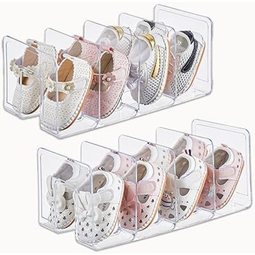 UFORU Clear Acrylic Kids Shoe Rack for Closet Organizers and Storage | 2 Pack Small Shoe Rack 4 Sections Toddler Baby Shoe Storage Organizer Stackable Shoe Shelf, Desk File Sorter Book Purse Organizer