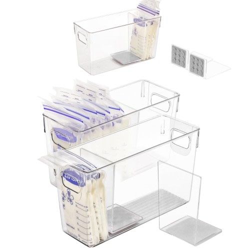 Breastmilk Storage Container with L Shaped Separator Boards, Dividers Will Flatten Standing Breast Milk Bags in Organizer Bins Save Refrigerator Space | 2 Containers Plus 4 Gray Removable Dividers