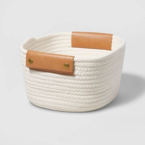 11" Decorative Coiled Rope Square Base Tapered Basket with Leather Handles Small White - Brightroom™