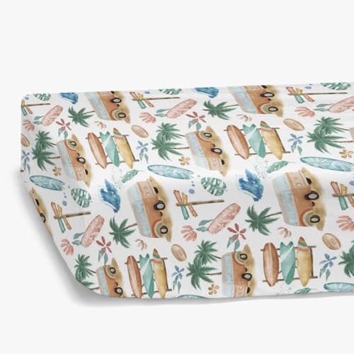 HawSkgFub Hawaii Tropical Beach Surf Fitted Standard Crib Sheet for Baby Girl, Pink Summer Coconut Tree Toddler Mattress Cover, Soft Breathable Stretchy Nursery Bed Sheets Decor Kids Gift 52