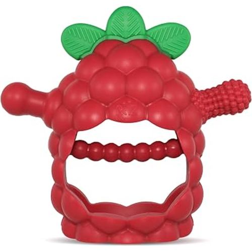 RaZbaby RaZberry Grip Silicone Teether Toy for 3M+ | Drop Resistant Hand Held Teether for Babies and Infants - Designed by Nature with Our Patented BerryBumps Multitextured Design | 3M+, Red