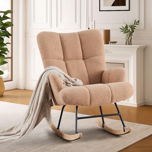 Joysoul Teddy Nursery Rocking Chair - Plush Velvet Upholstery, Sturdy Frame & High Backrest Armchair for Nursery, Bedroom, Living Room, Adults & Kids