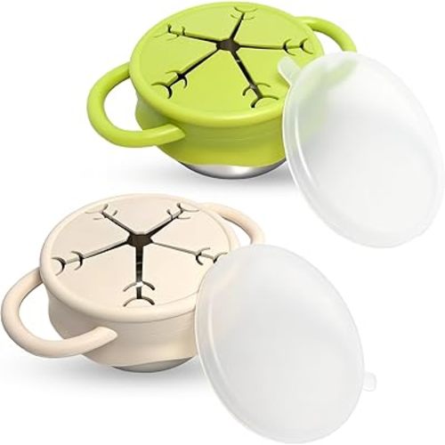 Snack Containers,2 Pcs 13.5oz Stainless Steel Snack Cups for Toddlers and Babies, Removable Silicone Food Catcher and Travel Lid,No-Spill Toddler Snack Box,Dishwasher Safe