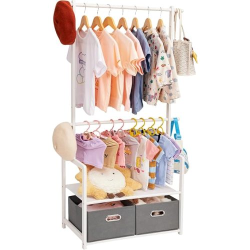 Kids Clothing Rack Bamboo with 2 Storage Baskets and 2 Adjustable Hanging Rods,Child Garment Rack,Dress up Rack for Playroom,Toddlers Bedroom (White)
