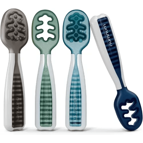 NumNum Baby Spoons Set, Pre-Spoon GOOtensils for Kids Aged 6+ Months - First Stage, Baby Led Weaning (BLW) Spoon - Self Feeding, Silicone Toddler Food Utensils - 4 spoons, Beach Picnic
