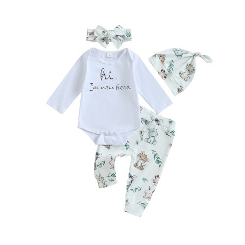 Loliuicca Newborn Baby Girls Boys Fall Outfits Long Sleeve Romper Koala Print Long Pants Hat Headband Set 4Pcs Cute Farm Clothes