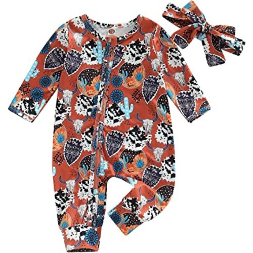 Karuedoo Western Baby Girl Clothes Cow Print Long Sleeve Romper Jumpsuit Zip Up Bodysuit Headband Cute Cow Outfit