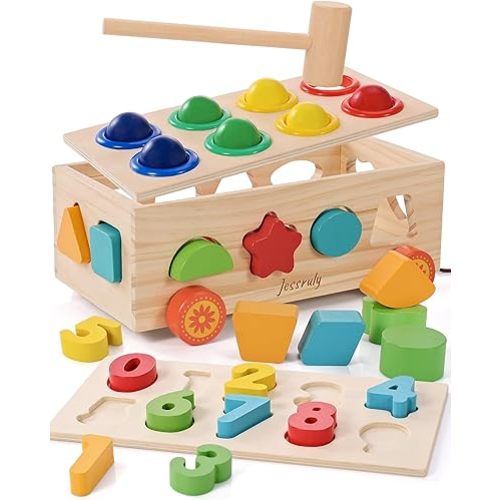 Shape Sorter - Wooden Pound A Ball and Montessori Number Puzzle Set for Babies - Educational Sorting Game with Storage Car for Toddlers