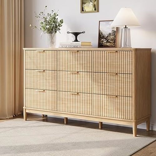 LINSY HOME Fluted Dresser for Bedroom with 9 Drawers, 58" Wide Mid Century Modern Dresser, Tall Boho Chest of Drawers, Large Wood Accent Storage Cabinet for Living Room, Curved Profile Design, Oak